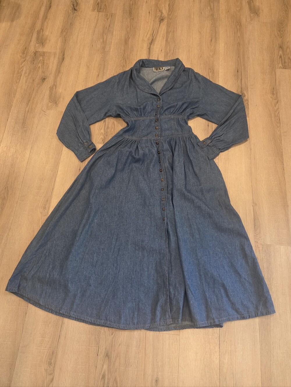 Forenza Vtg Denim Long Sleeve Sz 8 Dress Long Midi Prairie Y2K Pockets Button Up